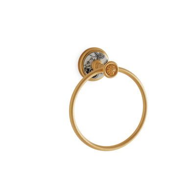 3442-89CH-WH-GP Sherle Wagner International Knurled Towel Ring with Le Jardin Charcoal insert in Gold Plate metal finish
