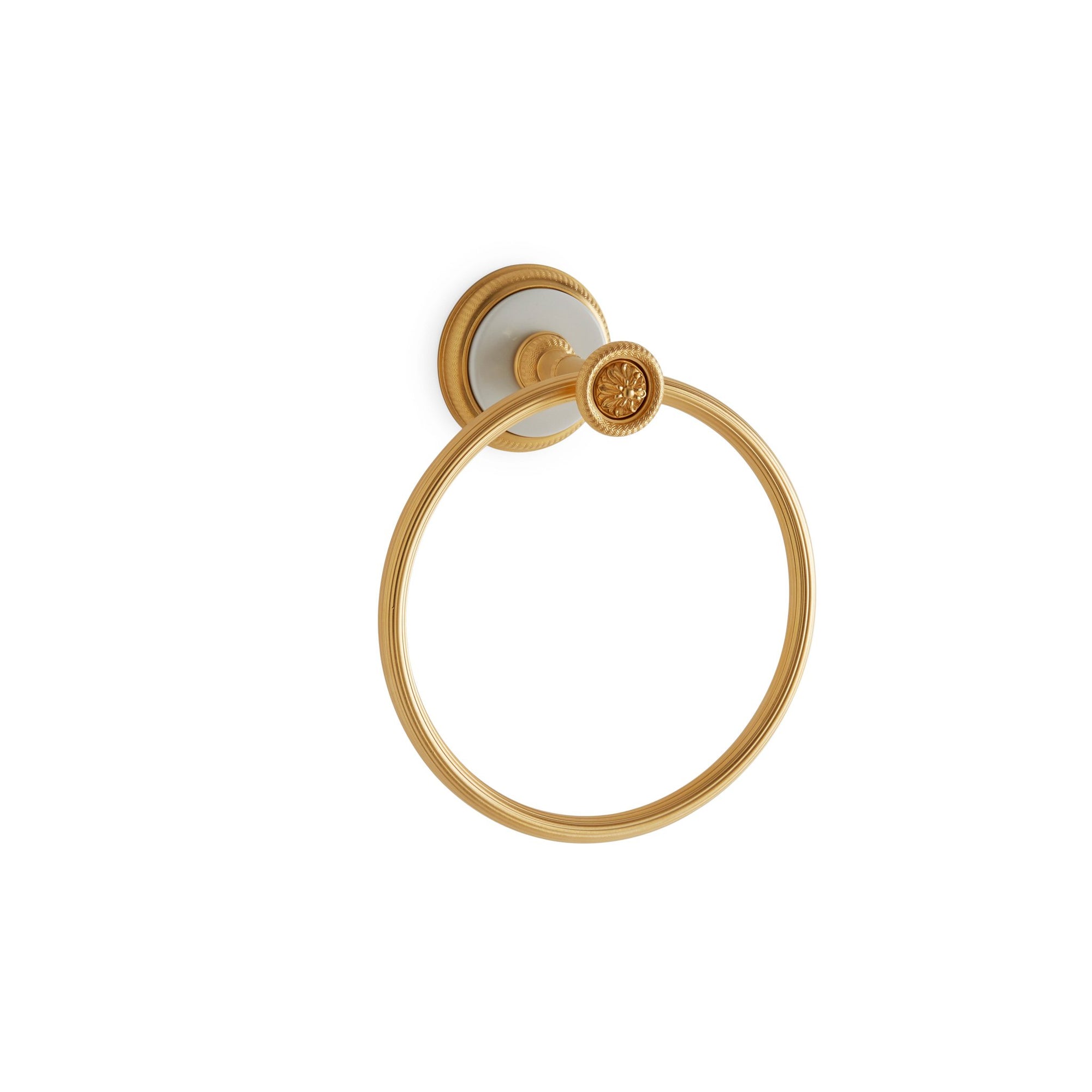 3442-WHT-GP Sherle Wagner International Knurled Towel Ring with White insert in Gold Plate metal finish