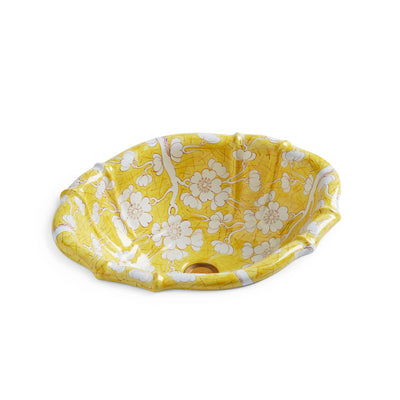 OE3-18YW-WH Sherle Wagner International Ming Blossom Yellow on White Scalloped Ceramic Over Edge Sink