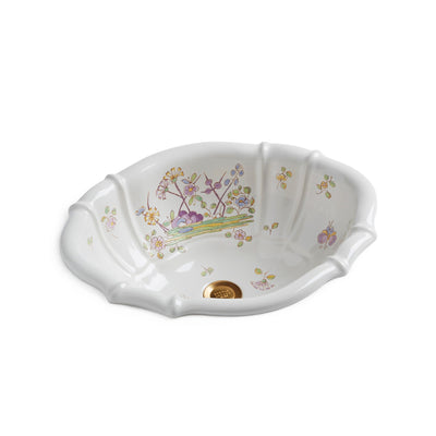 OE3-54OF-WH Sherle Wagner International Oriental Flowers on White Scalloped Ceramic Over Edge Sink