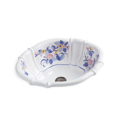 OE3-56BL-WH Sherle Wagner International Mums Blue on White Scalloped Ceramic Over Edge Sink