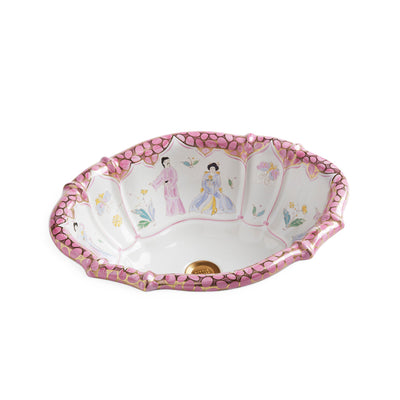 OE3-60PK-WH Sherle Wagner International Chinoiserie Pink on White Scalloped Ceramic Over Edge Sink